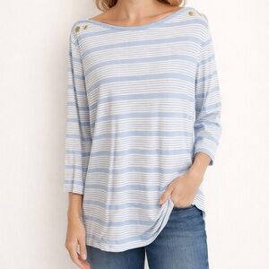 FDJ French Dressing Blue White Stripe Boatneck Top Gold Buttons L